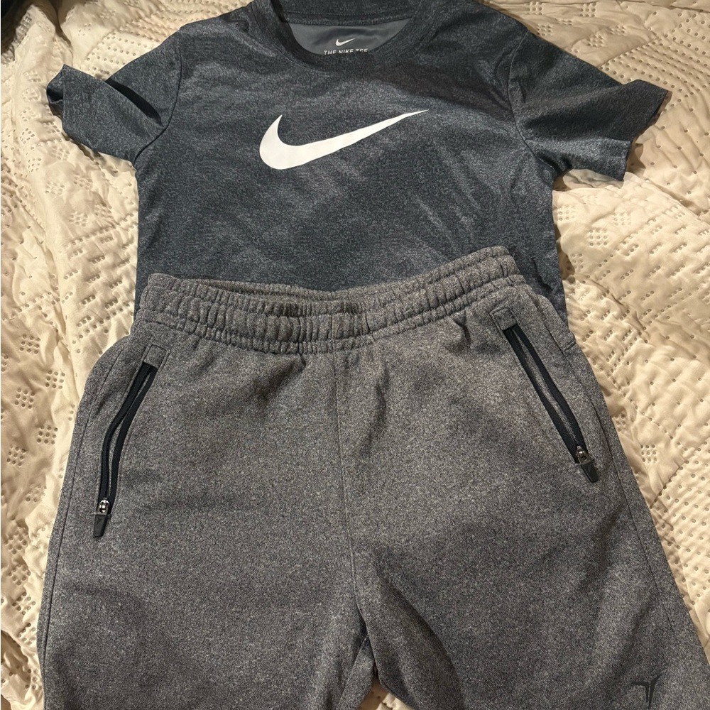 Nike Kids Charcoal Gray Dri Fit shirt and Old Navy Shorts